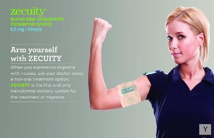 A young woman with blonde hair wearing a blue polo shirt flexing her bicep with a bandage on her arm. The bandage is labeled "security" and appears to be a non-oral treatment option. The text on the image reads "Arm yourself with security" and "When you experience migraine with Nausea ask your doctor about a nonmoral treatment options. security is the first and only transdermal delivery system for the treatment of migraine." The background is a light green color.