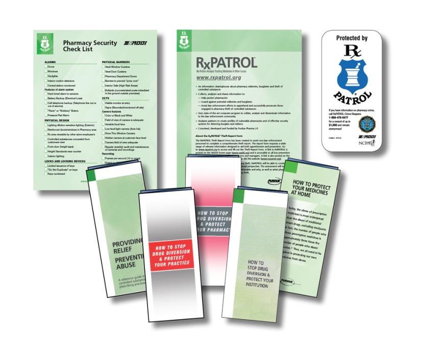 A set of five pamphlets and a card with the logo of the company "RxPatrol" on the top right corner. The pamphlets are arranged in a horizontal line with the card on the left side of the image. <br /><br />The first pamphlet is titled "Pharmacy Security Check List" and has a green background with white text. It has a list of items to be checked for in order to ensure that the company is safe and secure. The second pamphlet has a white background with black text and it has a blue and white logo of a shield with the letter "R" in the center. The third pamphlet has the company's name and contact information and the fourth pamphlet has an image of a red and white striped background.<br /><br />There are also two smaller pamphlets in the image one with a green cover and the other with a white cover. The first pamphlet has text that reads "Providing relief to prevent abuse" and the second pamphlet is a red cover with the text "How to stop abuse".<br /><br />All the pamphlets appear to be related to the company and provide information about the company.