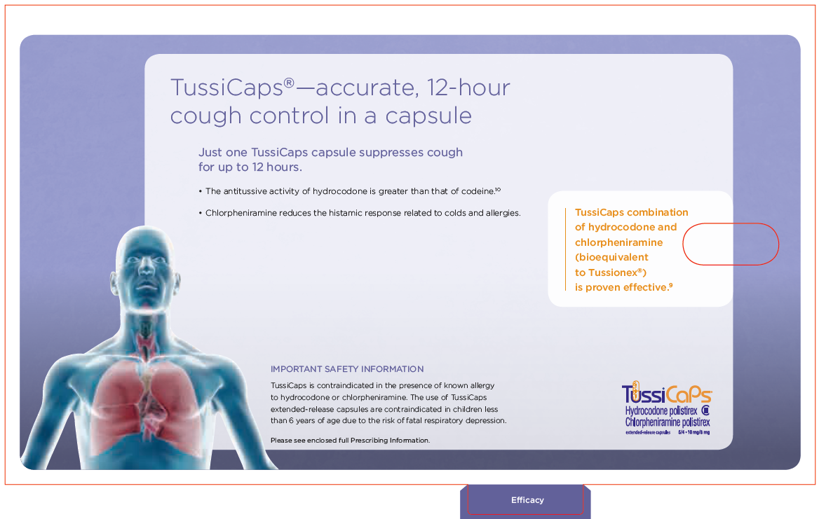 An advertisement for TussiCaps from the TussiCaps website with the tagline "TussiCaps - accurate 12-hour cough control in a capsule". It includes a computer drawing of a human torso (in blue) with the lungs visible (in red). There is also Important Safety Information.<br /><br />The background is various shades of purple with a white border with text in purple and gold. The logo for TussiCaps is in the bottom right corner.