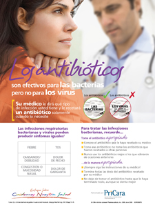 An advertisement for Pricara with the tagline "Los antibioticos : son efictivos para las bacetrias pero no para los virus" (or "Antibiotics : they are effective for bacteria but not for viruses" per Google Translate). The background is primarily a photograph of a female patient (a young woman with long dark hair and a serious expression on her face wearing an orange dress shirt) and her male doctor (a man wearing a blue dress shirt and a white lab coat with a stethoscope around his neck writing on a clipboard). The remainder of the background is white with text in purple black and white. The logo of PriCara is at the bottom right.