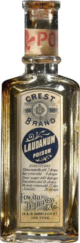 Of a small glass bottle with a cork stopper. The bottle is made of clear glass and has a label on it that reads "Crest Brand Laudanum Poison" in bold black letters. Below the label there is a smaller label that says "Directions" in smaller black letters followed by "Edward D. Dewey & Co." The label also has a red and white logo of the Crest brand which is a shield with a crown on top. The background of the label is white and the bottle appears to be empty.