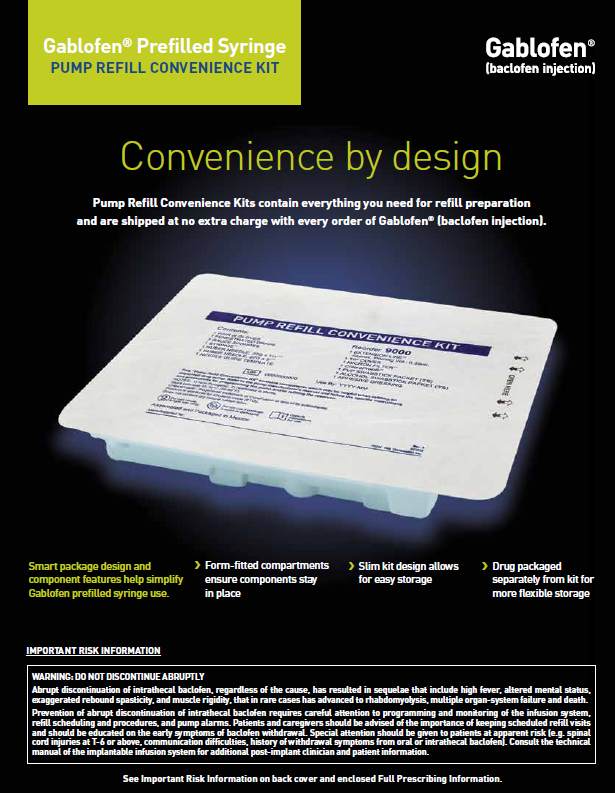 An advertisement for the Gablofen Prefilled Syringe Pump Refill Convenience Kit with the tagline "Convenience by design". It includes a photograph of the top of the packaging of the Pump Refill Convenience Kit accompanied by a list of product benefits. There is also Important Safety Information.<br /><br />The background is black with graphic elements in green and white and text in white green and purple.