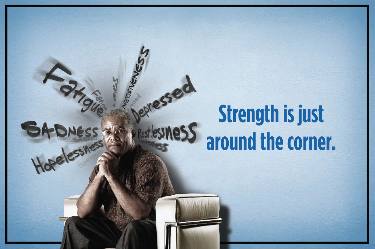 An elderly African-American man sitting on a white armchair with his chin resting on his hand. He is wearing a brown sweater and has a serious expression on his face. The background is a light blue color and there is a quote on the right side of the image that reads "Strength is just around the corner." The quote is written in black text and is surrounded by a white border. The image conveys a sense of strength and resilience.