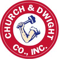 The logo for Church & Dwight Co. Inc. The logo consists of a red circle with the name Church & Dwight Co. Inc. in block capital letters in white. The center of the logo is the iconic arm and hammer - a Caucasian right arm wearing a white shirt with the sleeves rolled up holding a blue hammer with the head of the hammer raised to shoulder height. The background is white.