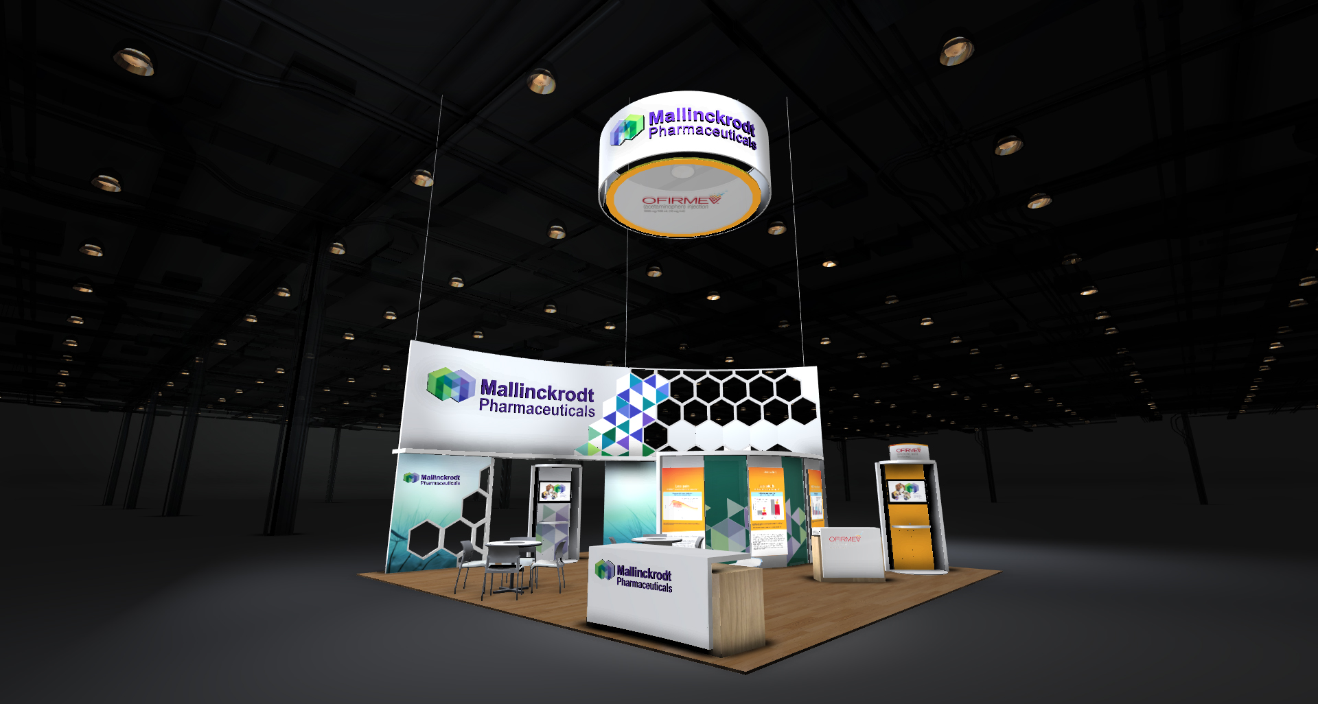 A trade show booth with a modern design. The booth is set up in a large hall with a high ceiling and black walls. The focal point of the booth is a large circular sign with the logo of a company called "Mallorca" in the center. The sign is white with a colorful geometric pattern and has the company's name written in bold letters. Below the sign there is a smaller sign that reads "Pharmacy" in blue and green letters. <br /><br />The booth is decorated with a variety of colorful banners and graphics including a large banner with the company name and logo a small booth with information about the company and a small kiosk with a counter and a display screen. There are also several chairs and tables in front of the booths.<br /><br />Overall the booth appears to be well-lit and well-organized with a clean and professional look.