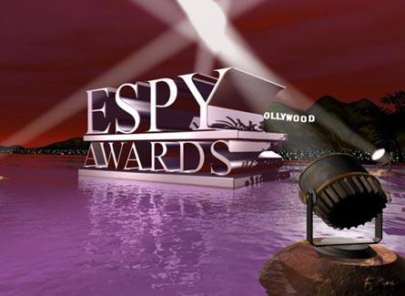 A digital illustration of the ESPY Awards logo. The logo is in the center of the image with the words "ESPY AWARDS" written in large capital letters. The logo is in the water at the beach. It is uplit by spotlights and the Hollywood sign is in the background with a mountain range in the distance. The sky is a deep red color and the water is purple. Overall the image conveys a sense of excitement and anticipation for the upcoming event.