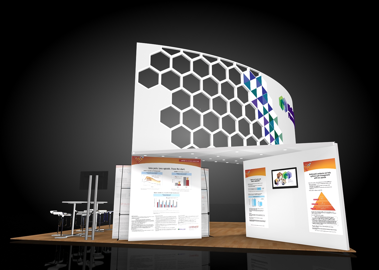 A 3D rendering of a trade show booth with a unique design. The booth has a white background with a geometric pattern of hexagons in different colors. The hexagons are arranged in a way that creates a sense of depth and dimension. On the right side of the booth there is a large white banner with an orange and blue design. Below the banner there are several smaller banners with information about the booth's features. The overall design is modern and eye-catching with a focus on the hexagons.