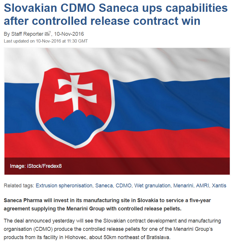 A web based press release - from an unidentified creator for an unidentified publication dated November 10 2016 - with the title "Slovakian CDMO Saneca ups capabilities after controlled release contract win". A subhead and the first sentence of the press release are also visible. It is accompanied by a stock photo of the Flag of Slovakia (Vlajka Slovenskej republiky) which consists of a white stripe a blue stripe a red stripe and Slovakia's national coat of arms. Below that are 7 related tags (Extrusion spheronisation Saneca CDMO Wet granulation Menarini AMRI Xantis). The background is white with text in blue and black.