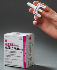 A hand holding a white nasal spray bottle with a pink label. The bottle is labeled "Narcan Nasal Spray 4 mg" and has a capacity of 2 pack. The box is rectangular in shape and has the brand name and product name printed on it. The background is a plain grey color. The hand is holding the bottle with one hand and the other hand is resting on top of the box.