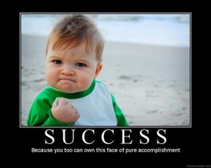 A close-up of a baby's face. The baby is wearing a green and white bib and is standing on a sandy beach. The background is blurred but it appears to be a sunny day with the ocean visible in the distance. The child is looking directly at the camera with a serious expression on their face. Overlaid on the image is text that reads "SUCCESS" and below it is a quote that reads "Because you too can own this face of pure accomplishment."