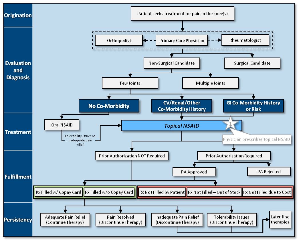 A flowchart that shows the organizational structure of a patient's treatment plan for pain in the knee. It is a visual representation of the different stages of the treatment process.<br /><br />The flowchart is divided into four sections each representing a different stage of the process. The first section is labeled "Evaluation and Diagnosis" and shows the different types of treatment options available. The second section is titled "No Co-Morbidity" and has a list of options such as "Orthopedist" "Primary Care Physician" "Rheumatologist" "Non-Surgical Candidate" and "Multiple Joints". The third section is labeled "Other Co-morbidity History or Risk". The fourth section is called "Topical NSAID" which is a type of topical NSAID that is used to assess the severity of the condition. The fifth section is described as "Fulfillment" and lists the different treatment options that are required for the treatment. The sixth section is highlighted in blue and shows that the treatment options are not required for any other treatment options. The seventh section is colored in red and shows how the treatment can be applied to the patient's condition. <br /><br />At the bottom of the flowchart there is a note that reads "Persistency" which indicates that the patient is not satisfied with the treatment and that it is not allowed to use it.