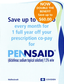 An advertisement for Pennsaid a medication company. The background of the image is white with a blue and green wave-like design on the right side. The text on the image reads "Now double the benefit. Save up to $60.00 every month for 1 full year off your prescription co-pay for Pennsaid (diclofenac sodium topical solution) 1.5% w/w". The text is in black and is in a bold font. The company's logo is in the bottom right corner.