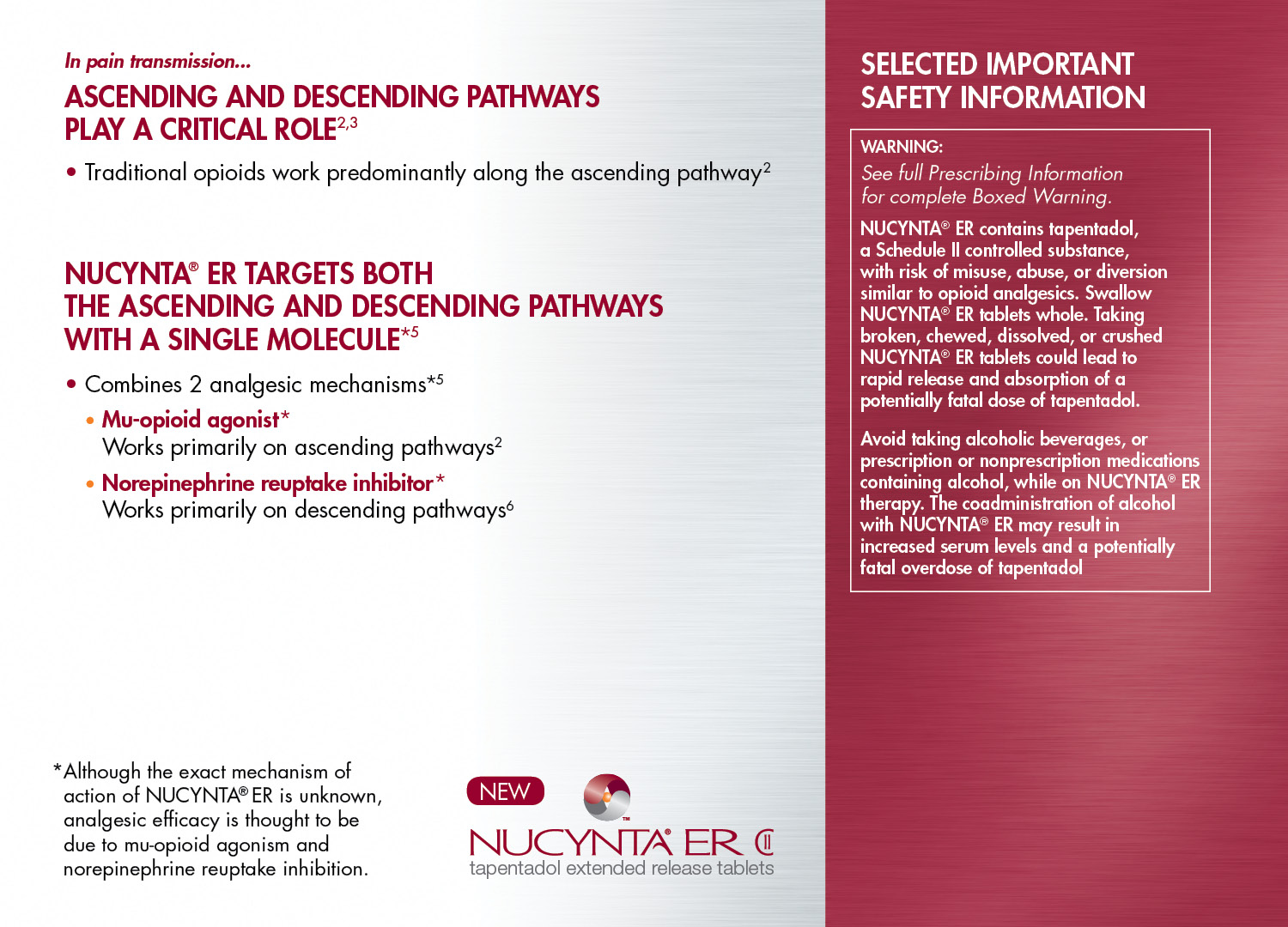 A part of an advertisement for Nucynta ER with the tagline "NUCYNTA ER Targets Both the Ascending and Descending Pathways with a Single Molecule". It includes product benefits and Selected Important Safety Information. The background is white and red with text in red black and white. The logo for Nucynta ER is at the bottom.