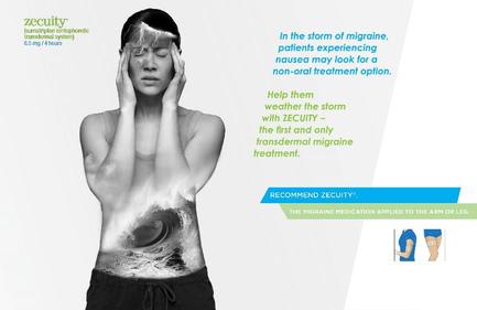 An advertisement for security a medical treatment company. It features a black and white photograph of a young woman with her hands on her head looking distressed. The woman appears to be in pain or discomfort with her eyes closed and her head tilted back. The background is white and the text on the right side of the image reads "In the storm of migraine patients experiencing nausea may look for a non-oral treatment option. Help them weather the storm with security - the first and only transdermal migraine treatment." Below the text there is a list of recommended security medications applied to the arm or leg.