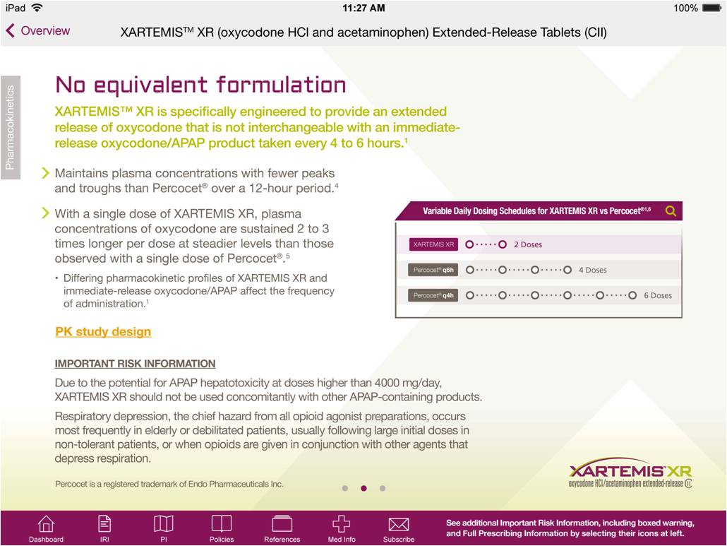 An advertisement for Xartemis XR from the Xartemis XR website in the Pharmacokinetics section with the tagline "No equivalent formulation : XARTEMIS XR is specifically engineered to provide an extended released of oxycodone that is not interchangeable with an immediate-release oxycodone/APAP product taken every 4 to 6 hours". It includes a table that compares Variable Daily Dosing Schedules for Xartemis XR vs Percocet and important risk information. The logo for Xartemis XR is in the bottom right corner with a menu bar beneath that.