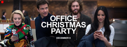 A promotional poster for the movie "Office Christmas Party" on December 9. It features three people two men and a woman standing in a lobby and looking at their phones. The woman is on the left side of the image wearing a colorful sweater with a cartoon character on it. The man on the right side is in the middle with a beard and curly hair and the man in the center is looking at his phone. All three people are smiling and appear to be engaged in a conversation. The background is blurred but it appears to be a busy lobby with other people in the background. The title of the movie is written in large white letters across the top of the poster.