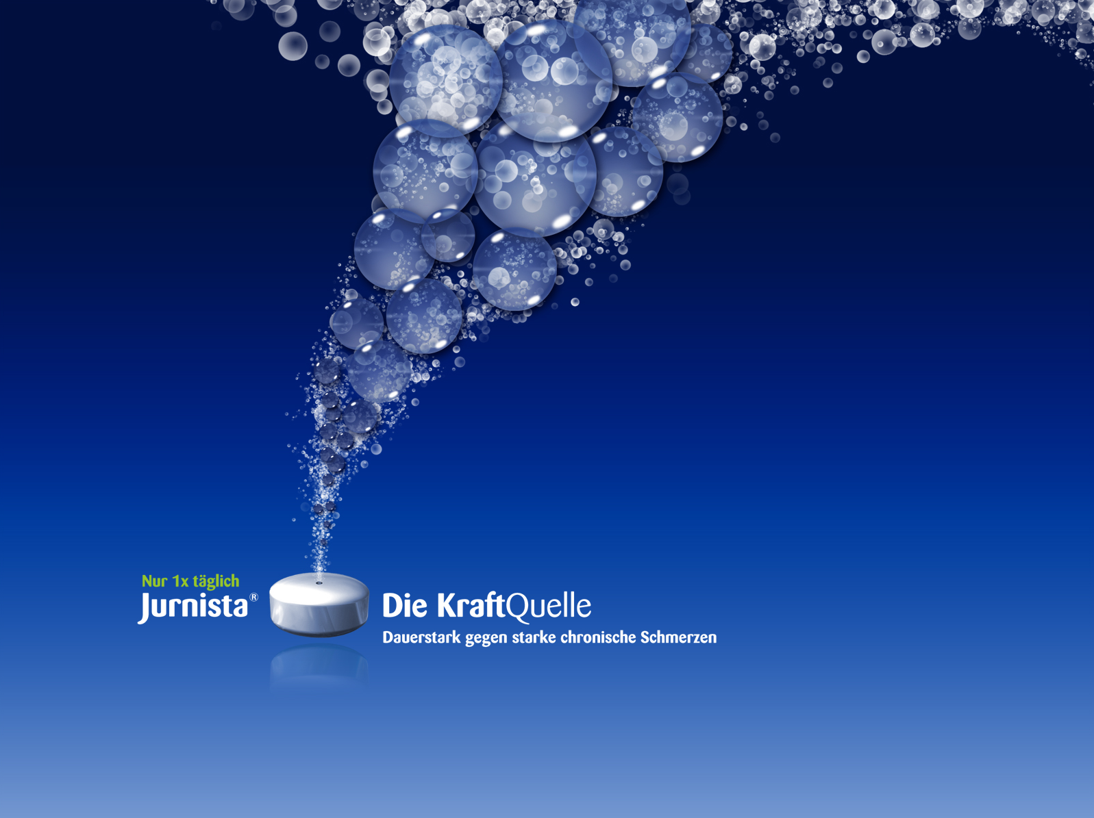 An advertisement for Jurnista with the tagline "Nur 1x taglich Jurnista : Die KraftQuelle : Dauerstark gegen starke chronische Schmerzen" (or "Only once a day Jurnista : The source of strength : Permanently strong against severe chronic pain" per Google Translate). It includes a computer drawing of a pill with bubbles rising up out of its center. The background is various shades of blue with white and green text.