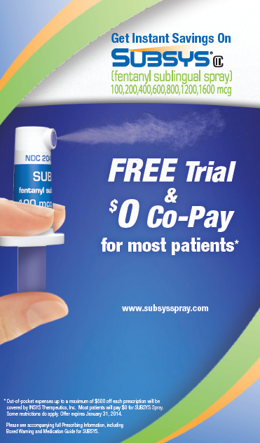 An advertisement for Subsys a fentanyl sublingual spray. It is advertising a free trial and $0 Co-Pay for most patients. The background of the image is blue with a green and orange wave-like design. On the left side there is a hand holding a blue and white spray bottle with the text "Get Instant Savings On Subsys". The website "www.subsysspray.com" is written in smaller text below the text.