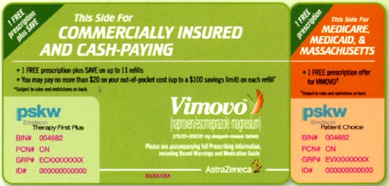 A draft advertisement for Vimovo (naproxen/esomeprazole magnesium) by AstraZeneca. Much of the content is placeholder text. It includes 2 different coupons for a free prescription of Vimovo one for commercially-insured and cash-paying customers (in green on the left) and one for Medicare Medicaid & Massachusetts (in orange on the right). The text is in white black and pink. Includes logos for Vimovo (in center) AstraZeneca (at bottom) and PSKW (in both bottom corners). 