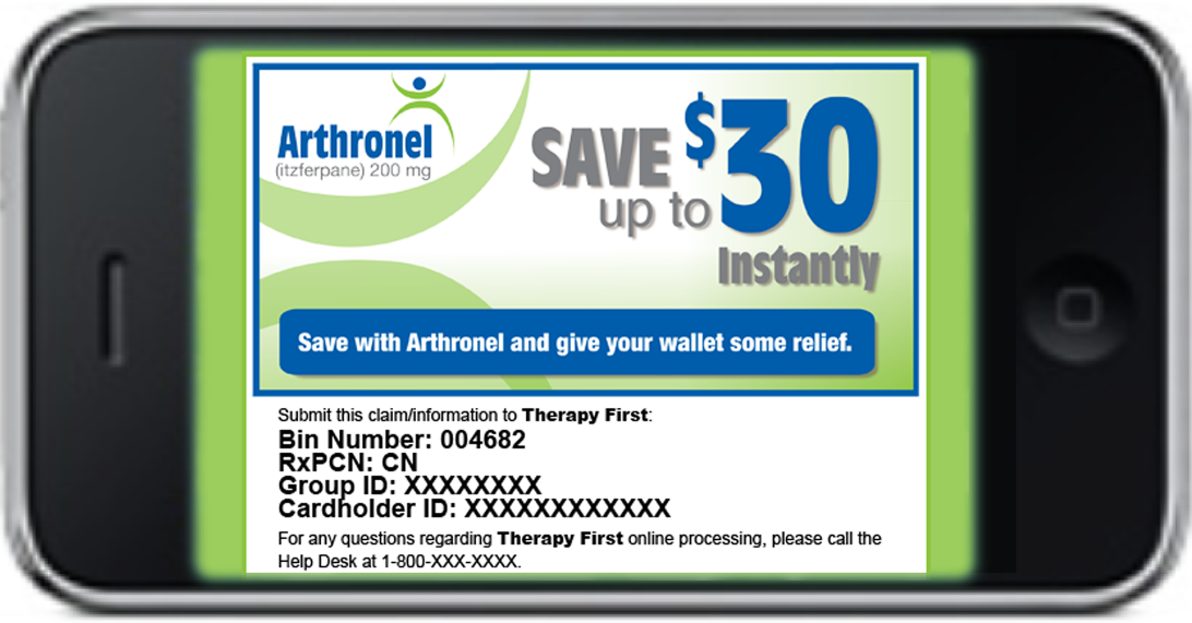 A draft advertisement for Arthronel (itzferpane) 200 mg tablets including a coupon with the taglines "Save up to $30 instantly" and "Save with Arthronel and give your wallet some relief". A box at the bottom provides associated metadata as well as the toll-free telephone number for the Therapy First online processing Help Desk. The background is green and white with text in black blue white and gray. The logo for Arthronel is in the upper left corner.