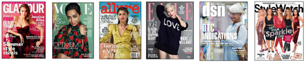 A collage of six magazine covers. Each cover has a different design and color scheme. The first cover on the top left has a pink background with the title "Glamour" written in bold white letters. Below the title there is a photo of a woman wearing a red dress with a plunging neckline and a thigh-high slit. She is posing with her hands on her hips and looking directly at the camera. In the middle of the cover there are two women wearing yellow dresses with the word "love" written on them. The woman on the left is wearing a black dress with red flowers and has her hair styled in a sleek updo. She has a serious expression on her face and is looking off to the side with a slight smile on her lips. The background is white and the magazine covers are arranged in a grid-like pattern.