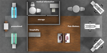 A 3D floor plan of a hospital room. The room is divided into three sections - medical information storage hospitality and pain matters. On the left side of the image there is a desk with a computer monitor a chair and a table. On the right side there are two chairs and a desk. The desk is white and has a computer on it. The chair is also white and is placed next to the desk. In the center of the room there appears to be a large window with a view of the outside. The window has a blue light shining on it indicating that the room is well-lit. The floor is made of wood and there are several other furniture pieces scattered around the room.