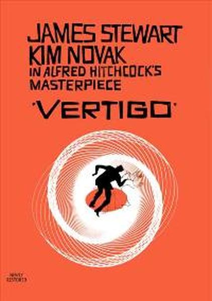 The cover of a book titled "Vertigo" by James Stewart and Kim nova. The cover is predominantly orange in color with black text. The title of the book is written in large bold font at the top followed by the author's name in smaller font. Below the title there is an illustration of a person in mid-air with their arms outstretched and their legs bent at the knees. The person appears to be in a dynamic pose with one leg extended and the other bent at an angle. The background is a white circle with a red and orange gradient. The overall design of the cover is abstract and futuristic.