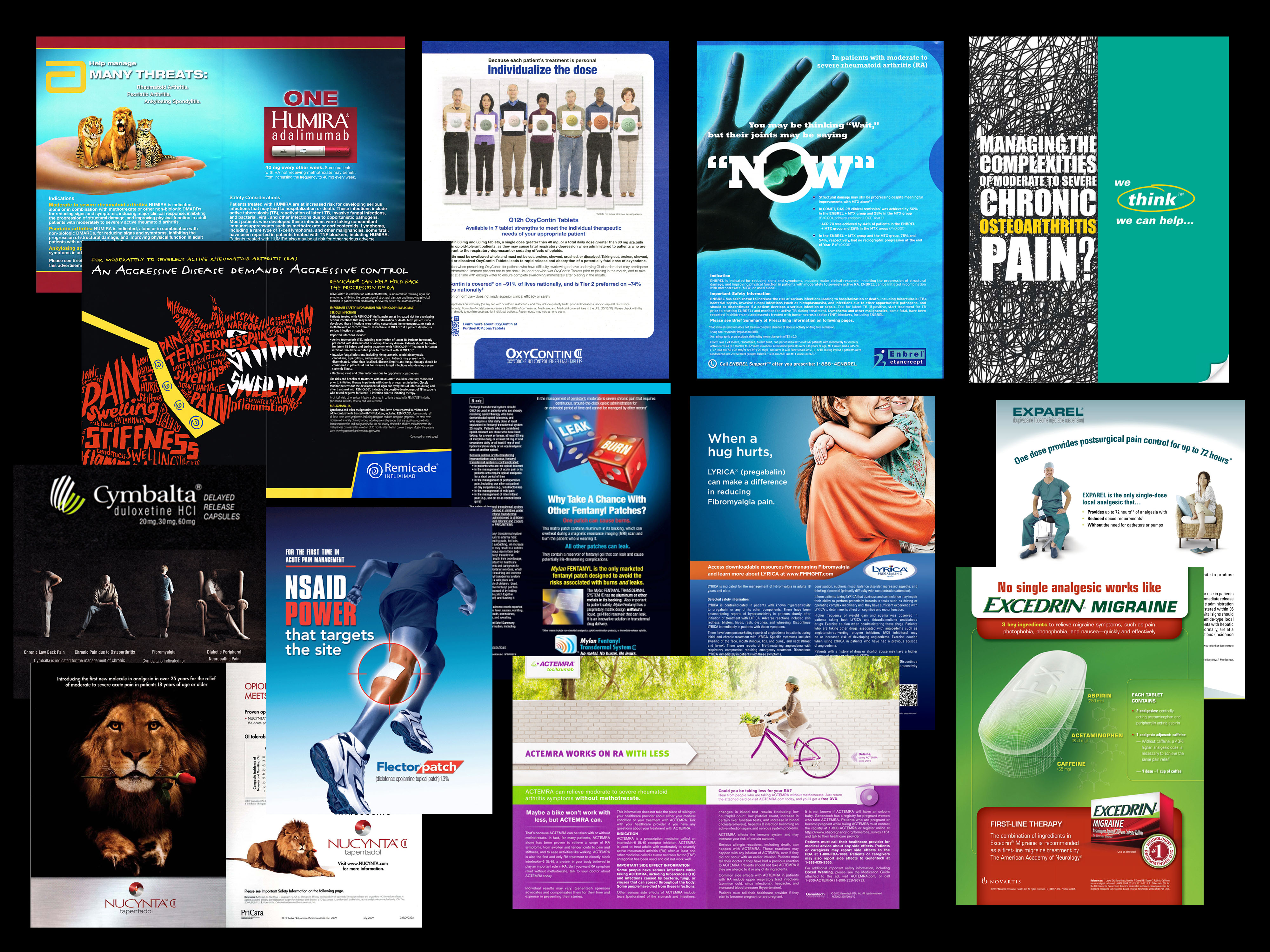 A collage of multiple posters and brochures arranged in a grid-like pattern. The posters are of different sizes and colors with some featuring images and text. <br /><br />The first poster on the top left corner has a blue background with the text "One Human" and an image of a hand holding a heart. The second poster has a white background with a group of people standing in front of it. The third poster has an illustration of a person with their arms outstretched and the fourth poster has text that reads "Now" and "Chronic Pain?" The fifth poster has images of a man and a woman embracing each other with the words "Chromatic Pain" above them. The sixth poster has illustrations of a lion a person running and a person riding a bicycle. The seventh poster has pictures of people exercising the eighth poster has photos of people walking the ninth poster has information about chronic pain the tenth poster has links to a website and  the eleventh poster has more information about the website.<br /><br />Overall the image appears to be a collection of brochures or flyers related to chronic pain.