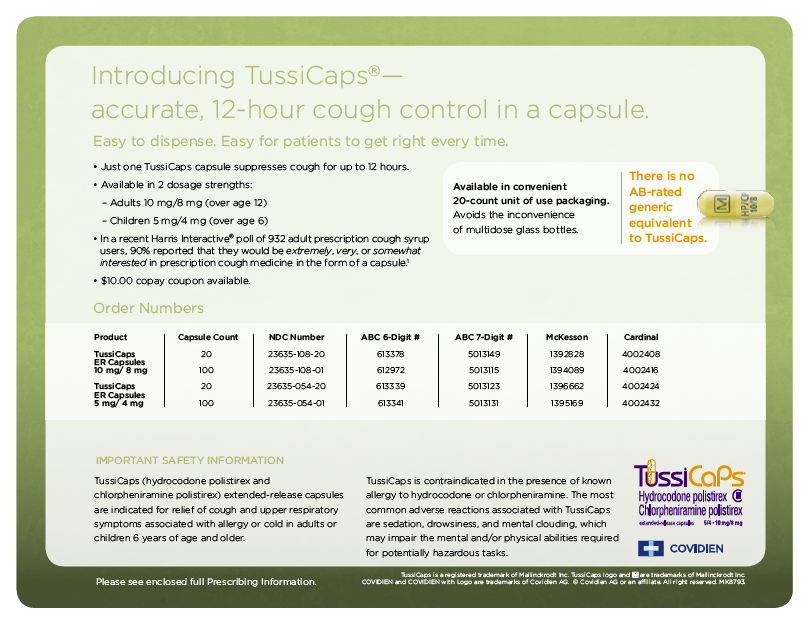 An advertisement for TussiCaps a 12-hour cough control product. The advertisement is in a green and white color scheme and has a title at the top that reads "Introducing TussiCaps - accurate 12 hour cough control in a capsule. Easy to dispense. Easy for patients to get right every time." Below the title there is a table with information about the product including the product name order number and important safety information. <br /><br />On the right side of the image there are two tabs - one for the product and the other for the packaging. The first tab is labeled "Available in convenient packaging" and the second tab is titled "There is no AB-rated packaging."<br /><br />At the bottom of the advertisement it says "Please see enclosed full prescribing information." The company's logo is also visible in the bottom right corner.