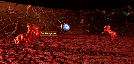 A 3D rendering of a scene from a video game. The background is dark and the floor is covered in red blood cells. In the center of the image there is a blue sphere with the text "D2 Receptors" written on it. Surrounding the sphere there are two red cells one on the left and one in the middle which appear to be interacting with each other. The cells are surrounded by a network of neurons and other structures. The overall color scheme of the scene is red and orange giving it a futuristic and technological feel.