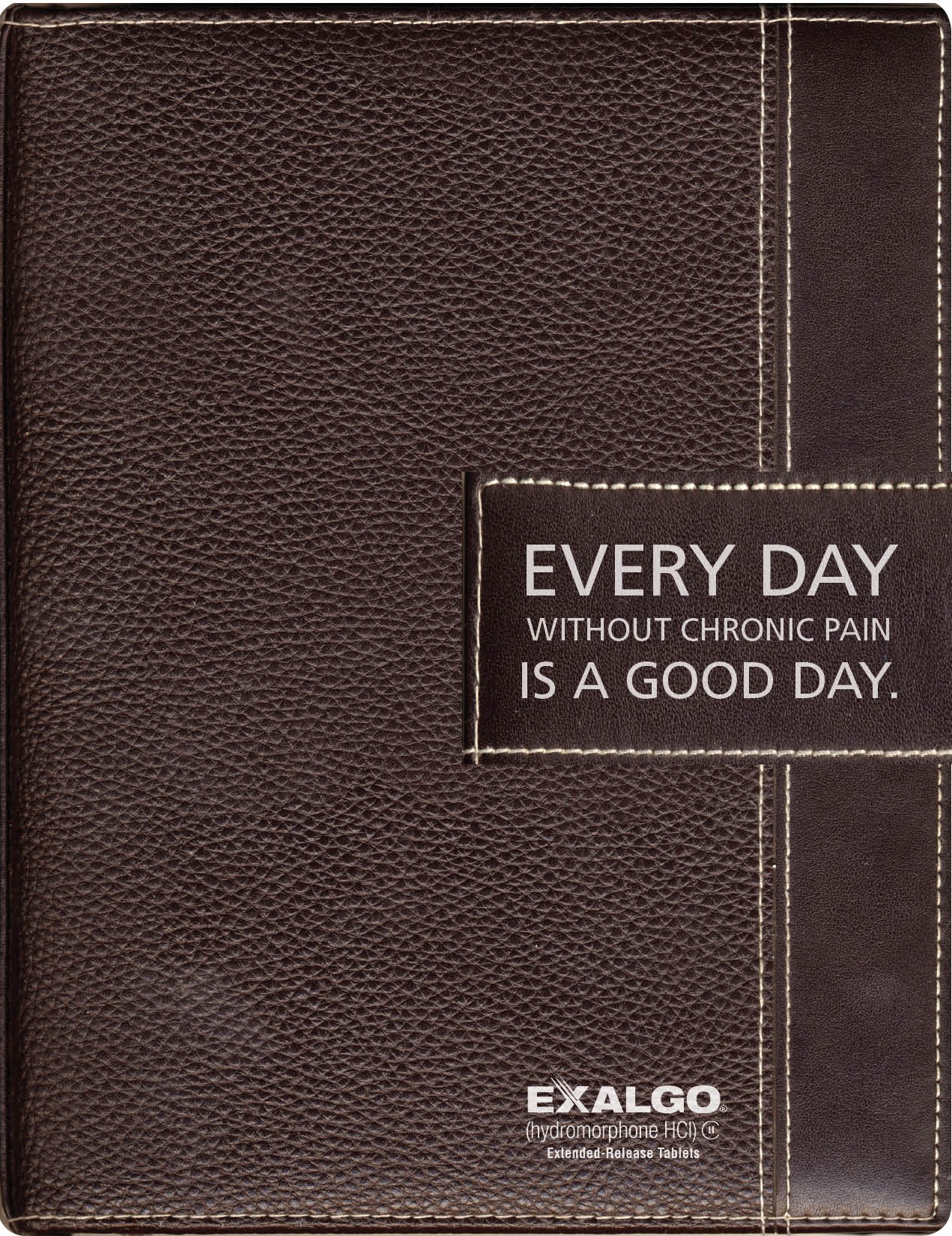 Of a brown leather journal with a white label on the cover. The label has the text "Every day without chronic pain is a good day" written in white capital letters. The journal appears to be made of high-quality leather and has a textured surface. The brand name "Exalgo" is written in smaller white letters at the bottom right corner of the cover indicating that the journal is from the brand Exalgo. The background of the image is white.