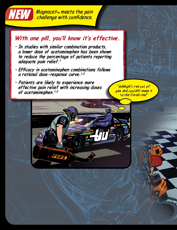 An illustration of a race car on a track with a blue and white checkered floor. The car is in the center of the image and there are two people on it one of whom is holding a sign that reads "With one pill you'll know it's effective." The other person is standing next to the car and appears to be explaining something to the viewer. There is a speech bubble above the car with the text "Magnetic meets the pain challenge with confidence." The background is a dark blue color with a pattern of lines and shapes.