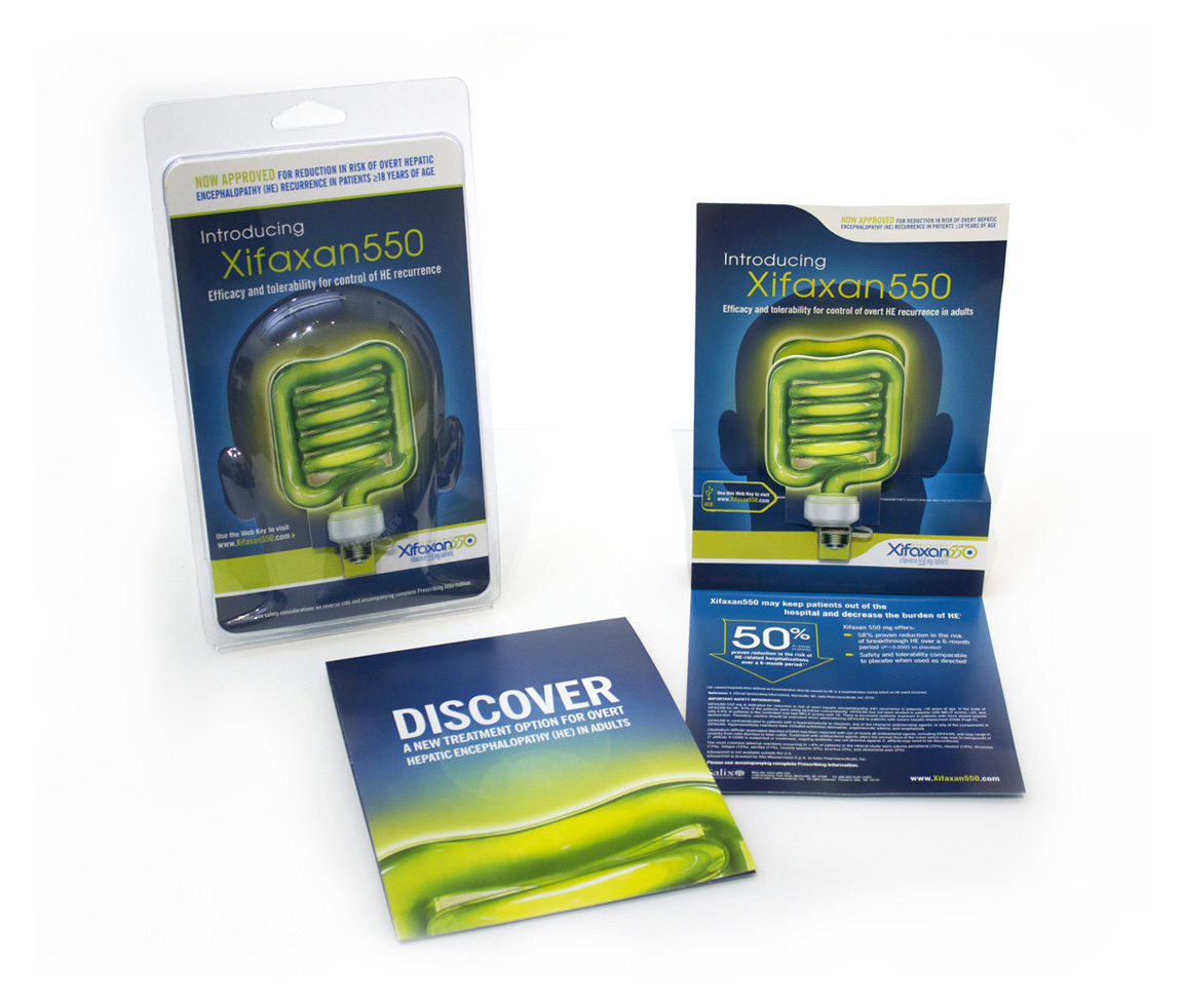 Promotional materials for Xifaxan550 with the taglines "Efficacy and tolerability for control of HE recurrence" and "A new treatment option for overt Hepatic Encephalopathy (HE) in adults". The outer packaging (a clear clamshell designed to be hung up) the cover of the materials and the inside of the materials are all shown side-by-side. The promotional materials are primarily blue and green with text in white blue and green. The background is white and everything appears to be floating in a void. 