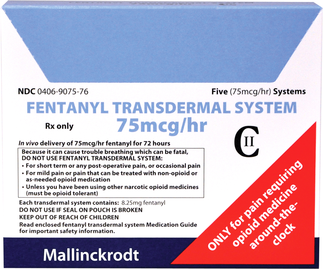 A product label for a Fentanyl Transdermal System. The label is rectangular in shape and has a blue background with white text. The top of the label has the brand name "NDC 0406-9075-76" in bold letters followed by the product name "Five (75mcg/hr) Systems" in smaller letters. Below that there is a description of the product which states that it is a Rx only 75mg/hr for 72 hours. <br /><br />The label also mentions that the product is available for pain requiring opioid medicine around the clock. The product is called Mallinckrodt and is available in a pack of 5. The packaging is white with a red and blue border. The text is written in black font and is centered on the label.