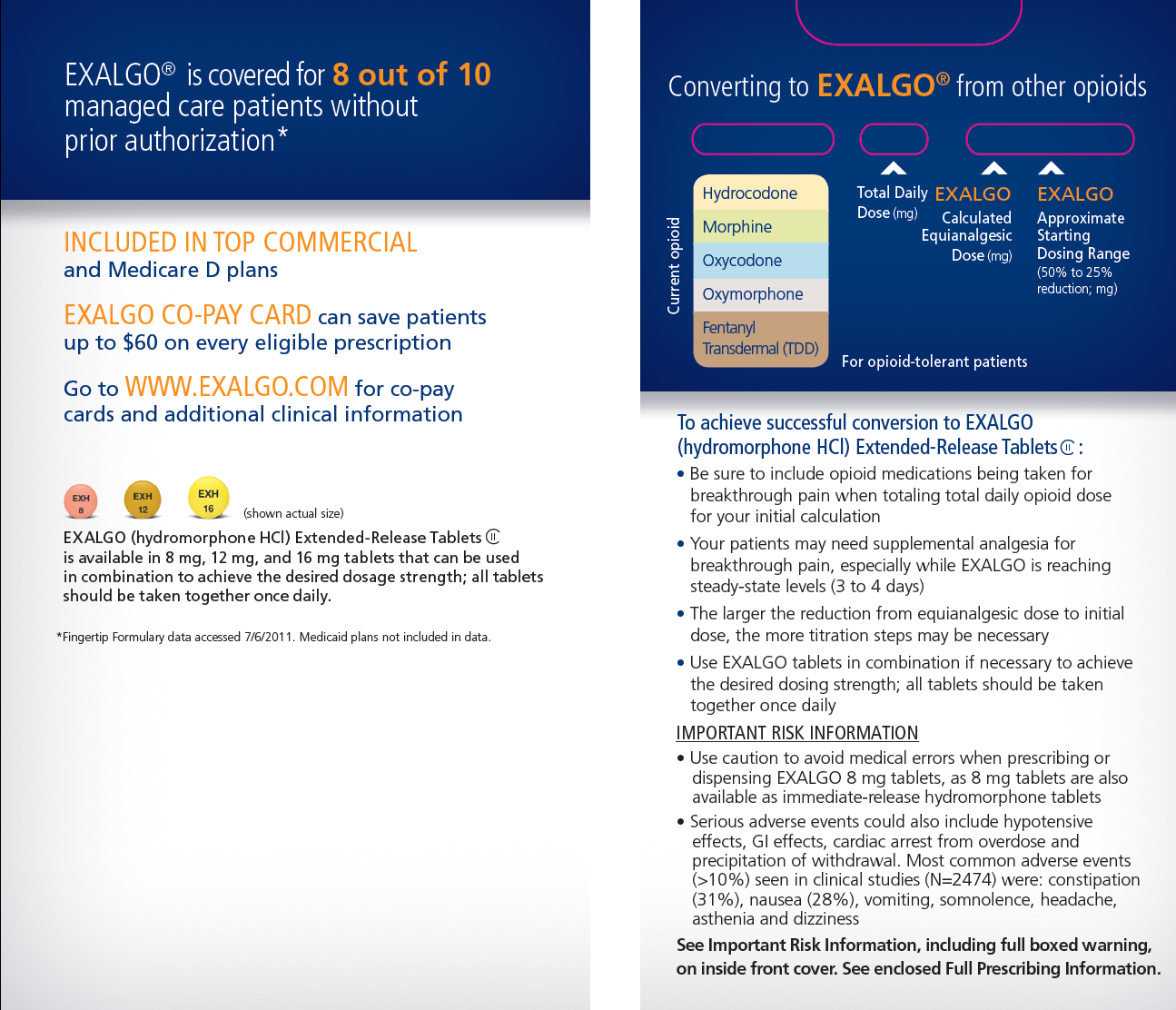 An advertisement for Exalgo. The advertisement is divided into two sections. <br /><br />On the left section there is a blue banner that has a header that reads: "Exalgo is covered for 8 out of 10 managed care patients without prior authorization." Additional information about Exalgo is below the header explaining that it is in top commercial and Medicare D plans that there is a co-pay card that can save patients up to $60 per prescription and that more information can be found on their website. Below that there are images and an explanation of Exalgo dosages.<br /><br />On the right side of the advertisement there is also a blue banner with a header. It reads "Converting to Exalgo from other opioids." Beneath that it shows an infographic representing a conversation calculator to estimate appropriate doses of Exalgo based on a patient's current dosage of another opioid. Beneath the infographic there is dense text with various prescribing information and important risk information.