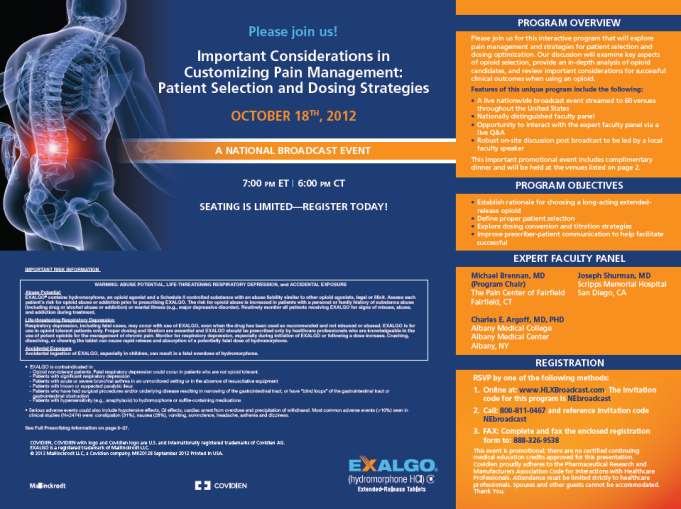 A flyer for an event called "Important Considerations in Customizing Pain Management: Patient Selection and Dosing Strategies October 18th 2012". The flyer has a blue background with an illustration of a human skeleton on the left side. The skeleton is shown in a side view with the bones and muscles clearly visible. There is a red glow on the lower spine appearing to indicate lower back pain. On the right side of the flyer there is text that explains the program overview program objectives expert faculty panel and registration. The bottom of the flyer shows logos for Mallinckrodt Covidien and Exalgo.