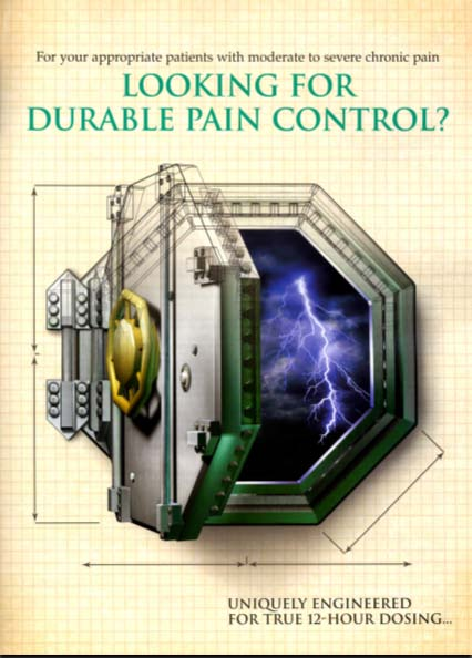 An advertisement for a durable pain control system. It features a large green-colored machine with a yellow-colored lock on the left side. The machine appears to be made of metal and has a hexagonal shape. On the right side of the machine there is a blue-green background with a lightning bolt striking down from the top right corner. The text on the image reads "Looking for durable pain controls? Uniquely engineered for true 12-hour dosing." The text is written in white and is in a modern font. The overall design of the image is sleek and modern.