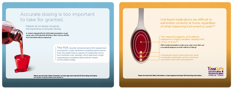 Divided into two sections. On the left side there is a blue background with white text that reads "Accurate dosing is too important to take for granted." Below the text there are two illustrations of a red liquid being poured from a bottle into a red cup. The text on the right side of the image explains that oral liquid medications are difficult to administer correctly at home regardless of what measuring instrument is used. The illustration shows a blood vessel with a red circle around it indicating that the liquid is being used to measure the amount of blood in the vessel.