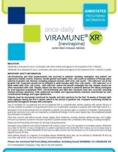 An annotated prescription information for once-daily Viramune (nevirapine) extended-release tablets. The background of the image is white and the text is in black and green. The text is divided into three sections. <br /><br />The first section is titled "Once-daily" and has a blue square on the left side. The second section has a green rectangle on the right side. Below the blue rectangle there is a text that reads "Annotated Prescribing Information" and "Viramune® XR Extended-Release Tablets". The third section has an information section titled "Important Safety Information" with a list of important safety information such as the patient's name age gender and other relevant information.<br /><br />At the bottom of the page there are two buttons - "Please see enclosed full Prescription Information including boxed warning for presentation purposes only. Not to be left behind."