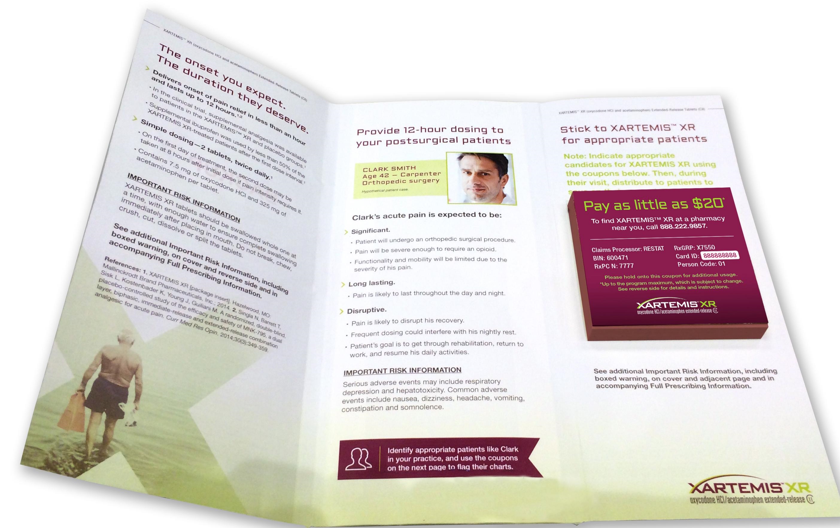 A tri-fold brochure design for a company called XARTEMIS XR. The brochure is divided into two sections. The left side of the brochure has a green background with a photo of a man walking on a beach. The man is wearing a white t-shirt and shorts and appears to be walking towards the camera. On the right side there is a red box with the company's logo and contact information. The box is labeled "Pay as little as $20" and has a picture of a person's face on it. Below the box there are two bullet points that explain the company and its services.<br /><br />The brochure also has a section titled "Provide 12-hour dose to your patients" which provides information about the company such as the date time and location. There is also a brief description of the services offered by the company. The overall design is modern and professional with a clean and clean layout.