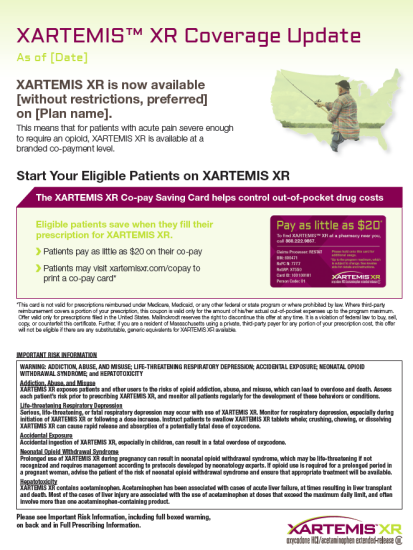 An advertisement for the Xartemis™ XR Coverage Update. It has a pink background with a white border. The title of the advertisement is written in bold black letters at the top. Below the title there is an image of a person holding a fishing rod and standing in front of a map of the United States. <br /><br />On the right side of the image there are two bullet points that explain the coverage update. The first bullet point states that the Xartemis XR is now available without restrictions preferred on (Plan name). The second bullet point explains that the eligible patients on XARTEMIS XR can save money on their prescription and that they can help control out-of-pocket drug costs.<br /><br />At the bottom of the page there has a brief description of the coverage and a link to a website for more information about the coverage.