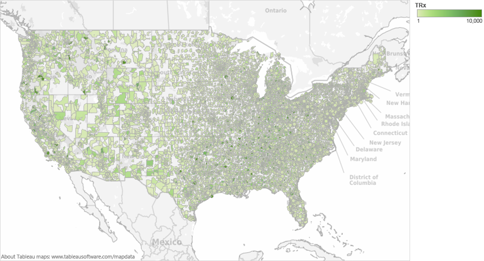 A map of the United States of America. It shows the borders of each county. Each county is filled in with different shades on a gradient from white to green. A key shows that the color represents TRx with white indicating 1 TRx and the darkest color green indicating up to 10000 TRx. A footer on the map indicates that the graphic was created in Tableau. 