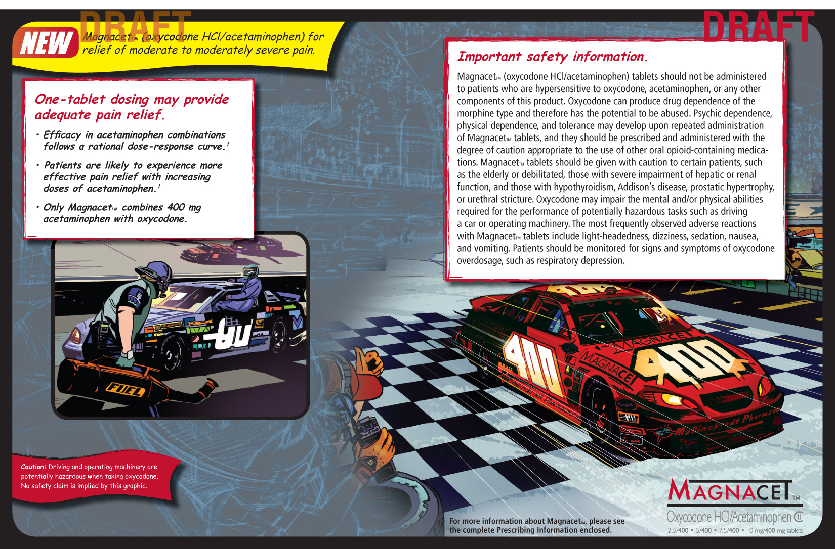 An advertisement for a product called "DRAFT". It is divided into two sections. <br /><br />On the left side of the image there is a red banner with the text "New Draft" and "Important safety information". Below the banner there are two illustrations of a race car on a checkered track. The car is red with the number 400 on it and has the word "MAGNACEL" written on the side.<br /><br />The first illustration shows a man in a blue suit and helmet driving a car on the track. He is holding a clipboard and appears to be explaining the product to the viewer. The second illustration shows the car in action. The background is a dark blue sky with a few clouds. The text on the banner reads "One-tablet dose may provide adequate pain relief."<br /><br />At the bottom right corner of the advertisement the brand name "Magnacet" is written in white letters.