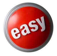 A round red button with a silver rim. The word "easy" is written in white capital letters in the center of the button. The button appears to be made of a shiny metallic material and has a glossy finish. The background is white making the red color stand out.