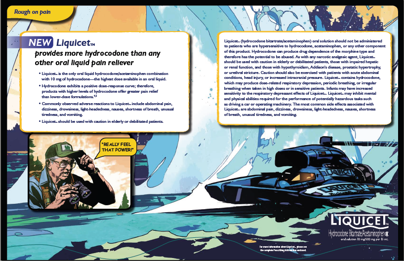 An advertisement for Liquicet a brand of lubricant. The background of the image is a blue ocean with waves crashing against the shore. On the left side there is a cartoon illustration of a man wearing a green hat and holding a camera. He is looking through binoculars and appears to be deep in thought. <br /><br />On the right side of the illustration there are two panels. The first panel has a text that reads "New Liquicet provides more hydrochloride than any other oral liquid pain reliever." The second panel has an image of a black jet ski with the brand's logo on it. The text on the panel reads "Liquicet" in white letters.<br /><br />The overall design of the advertisement is colorful and cartoon-like.