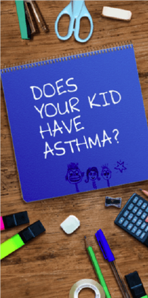 A blue notebook with white text on it that reads "Does your kid have asthma?" The notebook is placed on a wooden desk with various stationery items scattered around it. On the left side of the notebook there is a pair of blue scissors a black eraser a green pencil a blue pen a calculator and a roll of tape. The background is blurred but it appears to be a wooden table.