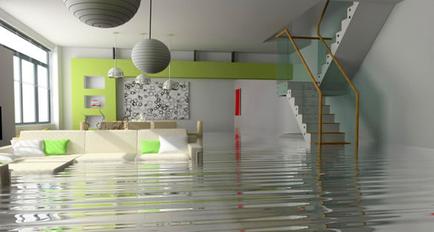 A modern living room with a large window on the left side. The room is flooded with water and the floor is covered in a thick layer of water. The walls are painted in a bright green color and there is a staircase on the right side of the image. The staircase has a wooden handrail and a metal railing. There are three pendant lights hanging from the ceiling and a white sofa with green throw pillows in the center of the room. The floor is also covered in water creating a flooded effect. The overall mood of the space is one of chaos and destruction.
