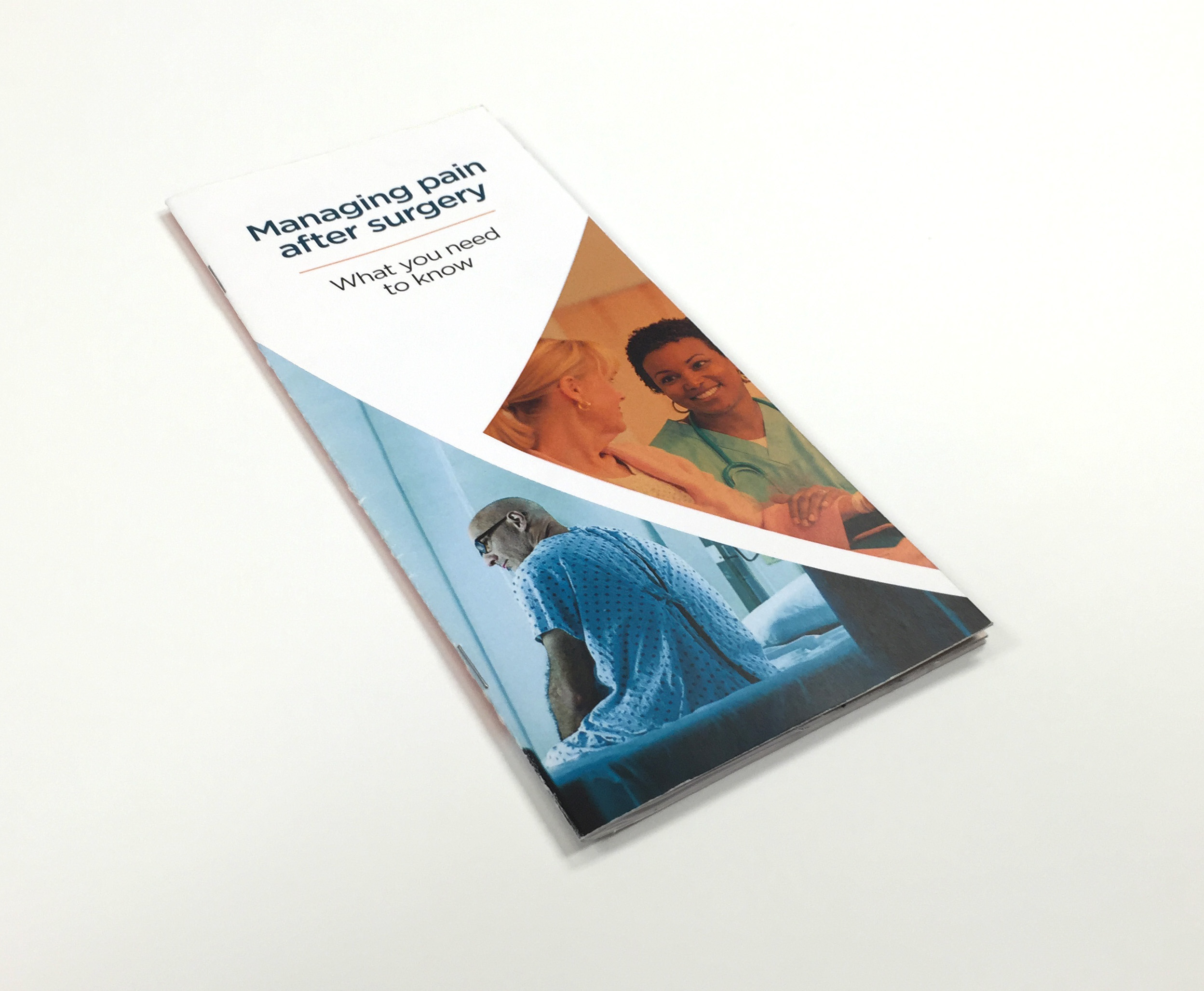 A cover of a book titled "Managing pain after surgery". The cover has a white background with a blue and orange gradient. On the top left corner there is a title in black text that reads "What you need to know". Below the title there are three images. <br /><br />The first image on the top right corner shows a nurse and a patient in a hospital bed. The nurse is wearing a green scrub suit and is smiling at the patient. The patient is lying on the bed with his head resting on a pillow. The background is blurred but it appears to be a hospital room with medical equipment and a window.<br /><br />On the bottom left corner of the cover there has an image of a doctor wearing a blue surgical gown and a stethoscope around his neck. The text on the cover is in black and white and is in a modern sans-serif font.