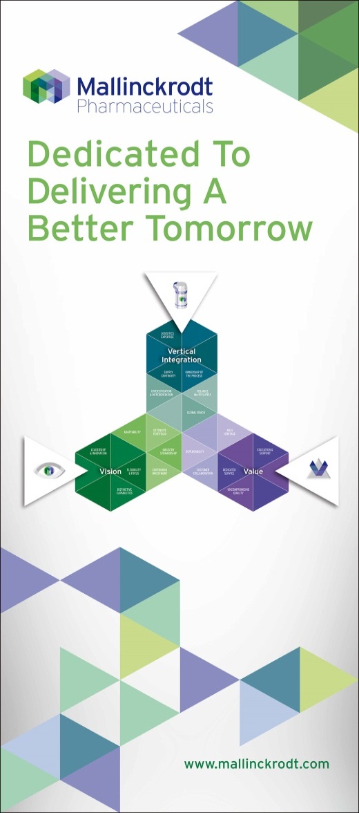 A cover page of a book titled "Dedicated To Delivering A Better Tomorrow" by Mallinckrodt Pharmaceuticals. The background of the page is white with a geometric pattern of green blue and purple triangles. In the center there is a pyramid-like structure made up of different colors and shapes. The pyramid is divided into four sections each with a different color and shape. The top section has the company's logo and contact information while the bottom section has a website address. The overall design is modern and minimalistic.