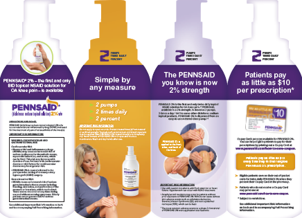 Three bottles of Pennsaid hand sanitizer. The bottles are white with purple caps and have the brand name "Pennsaid" written in bold letters at the top. <br /><br />The first bottle on the left has a label that reads "Simple by any measure" and has an image of a hand holding a bottle of the product. The second bottle has an orange label that says "2% strength". The third bottle has a purple label with the text "Patients pay as little as $10 per prescription".<br /><br />In the center of the image there is an illustration of a woman sitting on the floor with her hands clasped together in front of her. She is wearing a blue shirt and appears to be in pain or discomfort. The background is white and the bottles are arranged in a triangular formation.